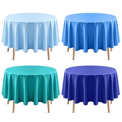 Just Shimmer 4 Pieces Blue Series Round Tablecloth, 84" Solid Color Waterproof & Spillproof Disposable Plastic Table Cover, Durable Party Tablecloth for Dining, Buffet, Picnic, Outdoor Events