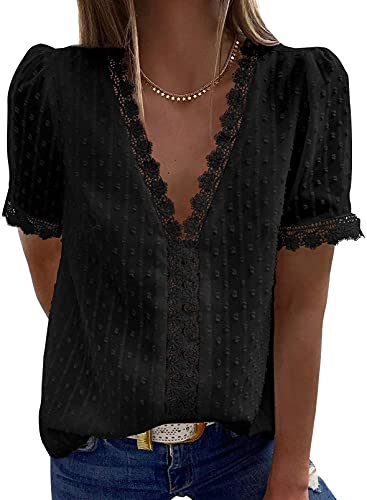 Dokotoo Damen Bluse Boho Spitze T-Shirt Tops Elegant Frühling Sommer V-Ausschnitt Oberteile Tunika Trachtenbluse schwarz XXL