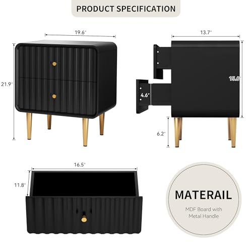 Image of HLR Night Stand Set of 2, Fluted Modern Bedside Table with 2 Drawers, Black