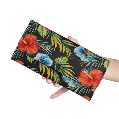 Image of AFPANQZ Leather Wallets for Women, Tropical Flowers RFID Blocking Checkbook Wallet with Cit Card Slots Phone Holder Zip Pocket, Buckle Closure, Ladies Purse