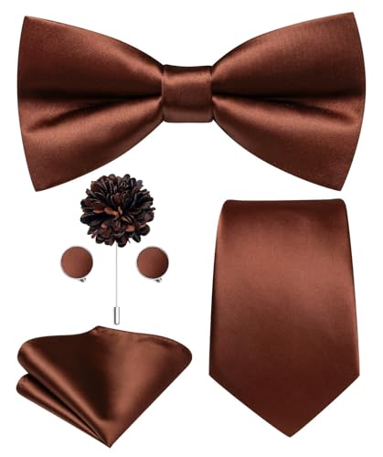 Image of Hi-Tie 5Pcs Mens Solid Color Silk Tie Satin Pretied Bowtie Lapel Pin for Men Handkerchief Cufflink Wedding Gift Box