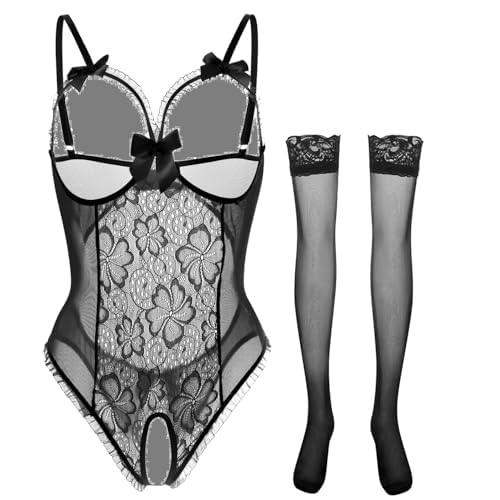 Women's Lace Teddy Lingerie, Mesh Bodysuit with Bow Detail, Plus Size Available, Sexy Lingerie for Women Large Black-a