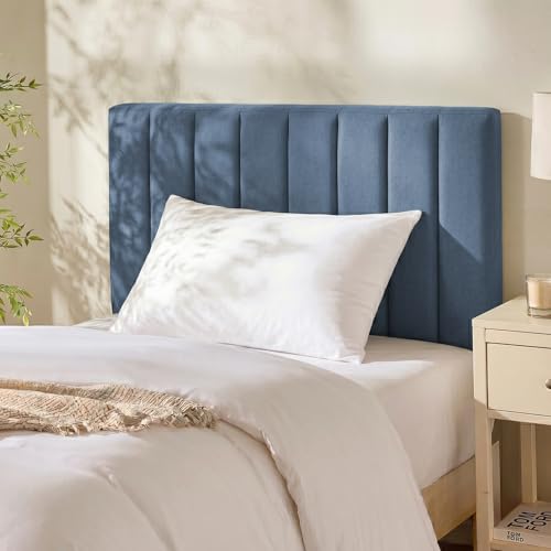 Image of Hearth & Harbor Wall Mounted Twin Headboard Only, Bed Headboard Twin Size | Easy Assemble, Floating Peel and Stick, Upholstered, Channel Stitched, 3D Wall Panels, 5 Strips of 3M Tape Included, Blue