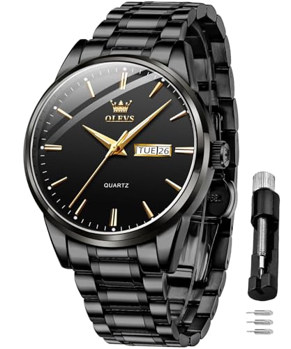 OLEVS Herrenuhren Schwarz Edelstahlarmband Quarz Uhr Männer mit Wochentag Datum Wasserdicht Leuchtende Klassische Elegantes Armbanduhr Geschenk