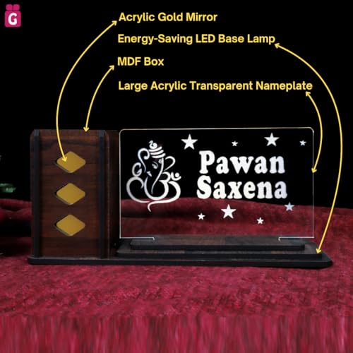 Image of Desk Organizer with LED Name Lamp | Customized Gift for Men, Women, Teachers, Doctors, Dad, Husband | Pen Holder, Table Lamp | Personalized Birthday Gift | Office Organizer - Large Plate