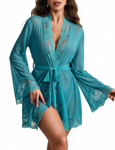 Image of Avidlove Women Lace Kimono Robe Sexy Lingerie Mesh Chemise Cover Up Sets