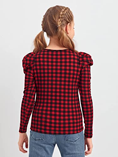Image of Milumia Girl's Gingham Plaid Puff Sleeve Blouse Round Neck Casual School Shirt Top Red 10 Years