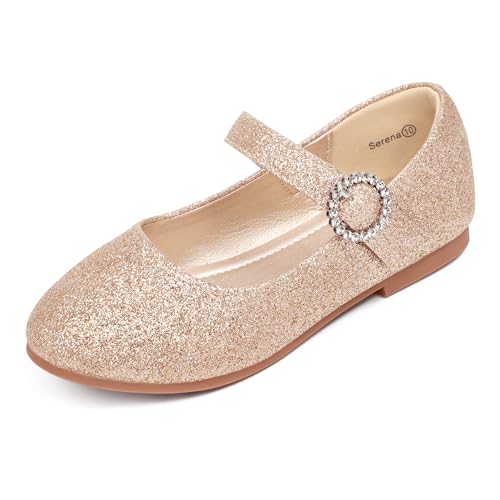 PANDANINJIA Sarena Girls Dress Shoes Rhinestone Flower Girl Ballerina Ballet Flats Mary Jane Wedding Party School Shoes for Toddler Little Kid Big Kid (Gold Glitter, 3 M US Little Kid)