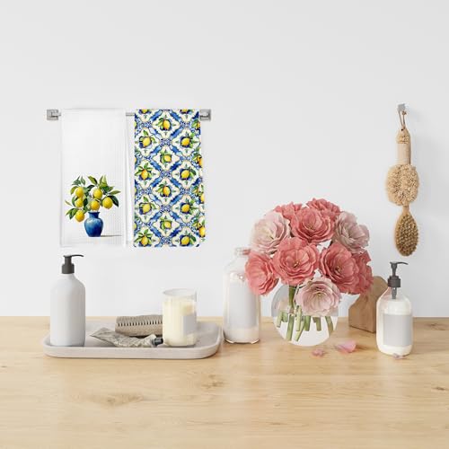Dibor Italian Lemon Kitchen Towels Dishcloth Set of 2, Mediterranean Decor Dish Towels, Blue Tile Amalfi Coast Lemon Decorative Hand Tea Towel for Bathroom Kitchen, 16x24 Inch