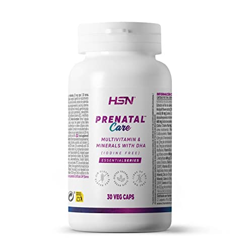 Vitaminas y Minerales para el Embarazo Prenatal Care* - Sin Yodo - de HSN | 30 Cápsulas Vegetales | metil-b9, metil-b12, D3 | Con DHA Vegano y Citicolina | No-GMO, Sin Gluten