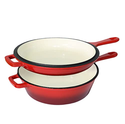 Enameled 2In1 Cast Iron 3 Quart Sauce Pan With Grill Lid Serves As Both Casserole & Stovetop Grill Pan For Gas, Electric & Ceramic Stoves, No Need Seasoning, Red Enamel Sauce Pan For Cooking & Baking #TOP1