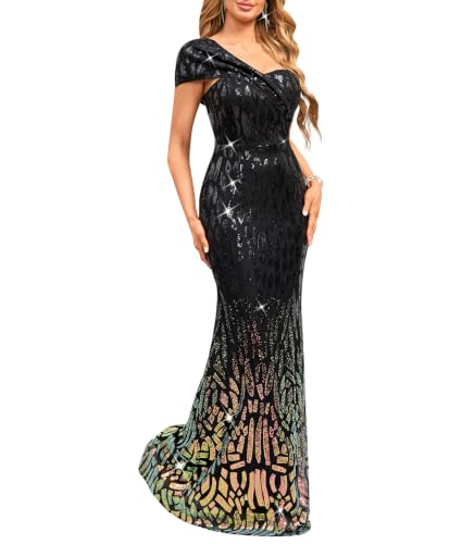 Image of Cololura Women Sexy Sequin One Shoulder Mermaid Formal Party Cocktail Gowns Bodycon Evening Maxi Dress