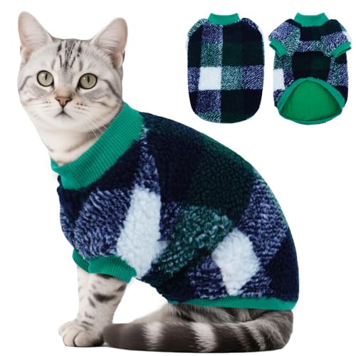 DENTRUN Cat Sweater Winter Clothes - Plush Fleece Coat with Cotton Lining, Anti-Static, Front Legs Kitten Pajamas, Stretch Ribbed Cuffs for Warmth, Cozy Christmas Outfit for Small Medium Large Cats