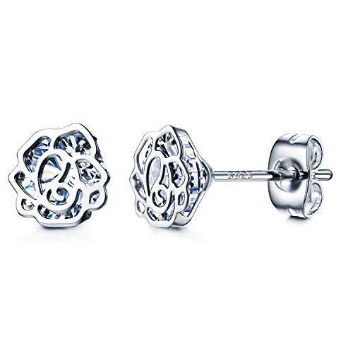 NOKMIT Rose Flower Stud Earrings for Women 14K Gold Plated 925 Sterling Silver Posts Cubic Zirconia Stud Earring Cute Earrings Hypoallergenic Jewelry Gifts for Girls