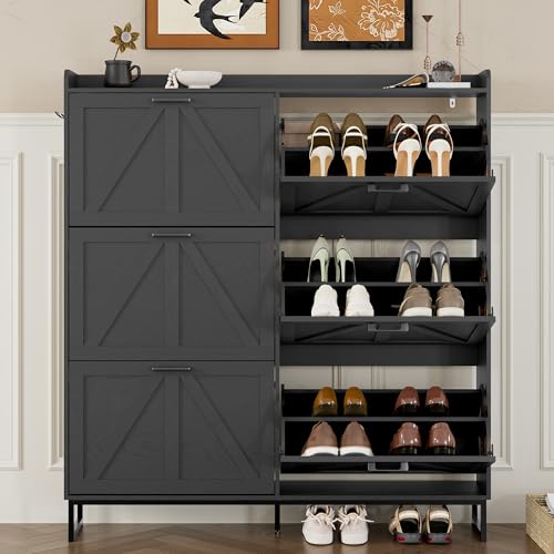 Image of BORNOON Shoe Cabinet with 6 Flip Drawers Narrow Shoe Storage Cabinet Organizer Wooden Freestanding Shoe Rack Hidden Slim Shoes Storage Cabinet for Entryway, Hallway, Living Room, Bedroom