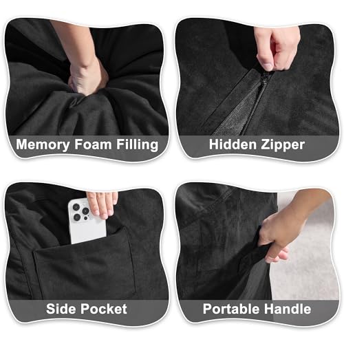 Image of Hobestluk Adults Bean Bag Chair 4FT Big BeanBag Chair Extra Large Oversized | Memory Foam,Removable Cover,Velvet Fabric,Storage Pocket,Handle,Breathable Lounge Chair for Bedroom Study Room | Black 4FT