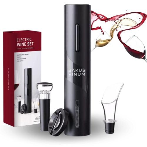 BakusVinum Sacacorchos Eléctrico Profesional, Abrebotellas 4 en 1 ideal para Regalo Hombre, Abridor botellas vino electrico (Sacacorchos versión Funcionamiento con Pilas - 4 en 1)