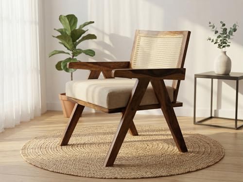 Image of WELL KNOWN Solid Sheesham Wood & Cane Chair Wooden Rattan Arm Chair | Dining Chair for Living Room, Bedroom, Indoor, Outdoor & Home | Natural Finish