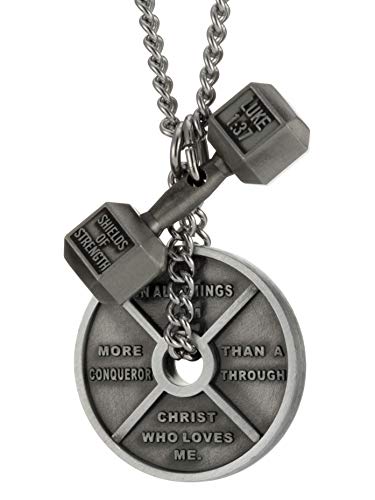 Shields of Strength Men's Christian Fitness Necklace with Romans 8:37 & Luke 1:37, Stainless Steel Dumbbell, 18-30" Chain, Faith Gift2