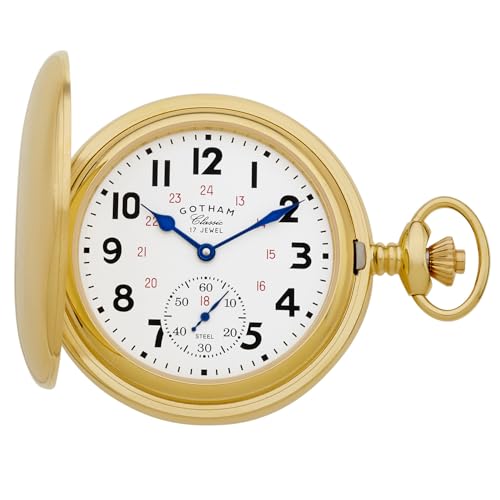 Image of Gotham Men's Classic Gold-Tone Polished Case Double Hunter 17 Jewel Mechanical Pocket Watch # GWC18807G