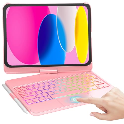 MMK Clavier pour iPad 11/10ème Génération (11 Pouces A16 2025/10.9 Pouces 2022), Èclairage Coloré à 7 Couleurs & Réveil/Veille Automatique, Smart Trackpad avec Porte-Stylet, Clavier Français AZERTY