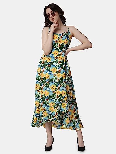 Image of POPWINGS Casual Floral Printed Maxi Length Fit & Flare Dress for Women || Summer Dress for Women || Flare Maxi Dress for Women Stylish || Sleeveless Dress for Women