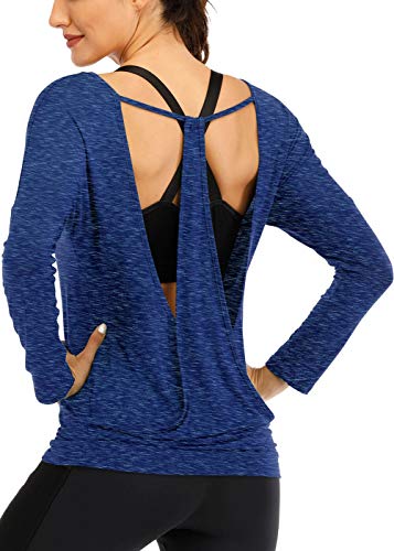 ICTIVE Long Sleeve Workout Shirts for Women Loose fit Yoga Shirts for Women Backless V Neck Running Shirts Women Gym Shirts Open Back Casual Long Sleeve Shirts for Women Workout Tops Blue L