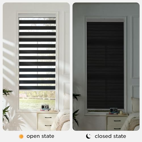 Joydeco Cordless Zebra Blinds for Windows, Dual Layer Free-Stop Zebra Shades Privacy Light Control for Day and Night, Light Filtering Zebra Blinds for Indoor Windows (Black, 58" W x 75" H)