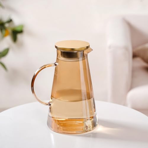 Image of Nestasia Transparent Amber Glass Jug with Steel Lid (1800 ml) - Heat Resistant Carafe with Dual Opening Strainer Lid - Dishwasher Safe Glass Pitcher for Water, Juice, Hot & Cold Beverages