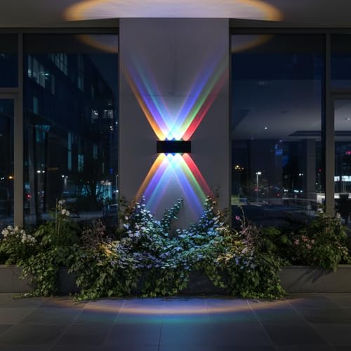 Image of FERA 8 Ray LED Wall Light Outdoor Waterproof - Multicolor (Red, Blue, Green, Yellow) 4 Up 4 Down Ray Lamp for Home Decoration, Elevation & Balcony - Fancy Exterior Lights (IP65, Black) 8 Ray Color