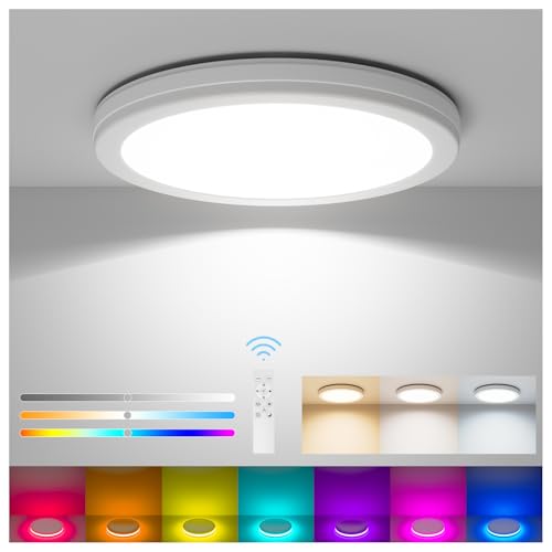 Aphyni 7 Colours RGB LED Ceiling Light Dimmer 24W IP44 with Night Light, 3000-6500K 3800LM, Ultra Thin diameter 30cm