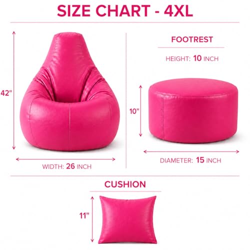 Image of 4XL Tear Drop Bean Bag with Footrest & Cushion | Premium Leatherette Bean Bag Cover | XXXXL Lounger Chair for Living Room | Without Beans | Upto 150 Kg (Pink, XXXXL)