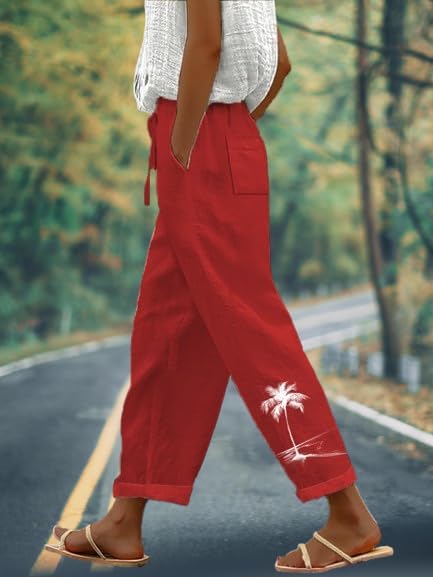 Linen Boho Pants for Women Butterfly Print Loose Casual Pants with Pockets Comfy Elastic Waist Lightweight Trousers - Image 3