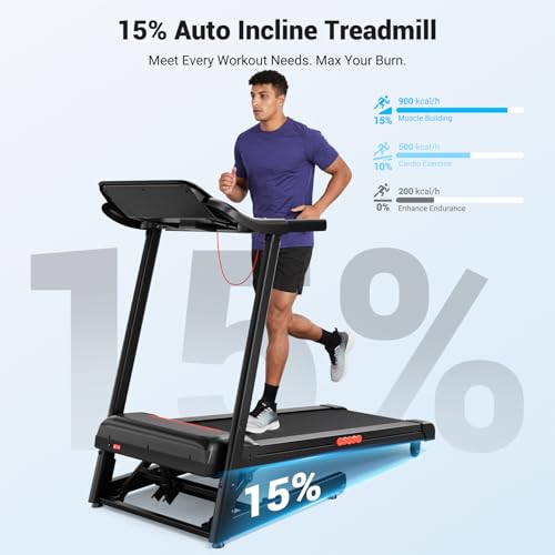 Image of THERUN Home Treadmill with Incline 15% Auto Adjust, 3.0 HP Treadmill with LED Strip, Heart Rate Monitoring Incline,16.5 inch Wider Running Belt