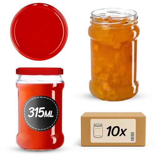 KADAX Lot de 10 bocaux de 315 ml avec couvercle à visser fi66 mm pour miel, dessert, confiture, bocaux hermétiques, ronds, pots à confiture, pots à miel (10 pièces, rouge)