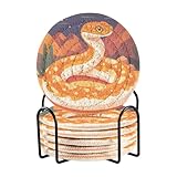 XDKDZIS 6 Pack Drink Coasters with Holder, Cartoon Orange Snake Mountain Pattern Round Cup Mat, Wine Bottle Coasters Barware Set