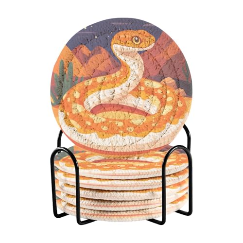 XDKDZIS 6 Pack Drink Coasters with Holder, Cartoon Orange Snake Mountain Pattern Round Cup Mat, Wine Bottle Coasters Barware Set