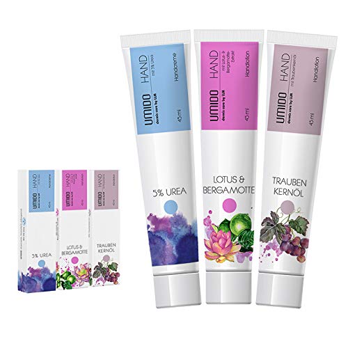 UMIDO 3 Stück Set Hand-Lotion Set 45 ml | 1x mit 5% UREA | 1x Lotus & Bergamotte | 1x Traubenkernöl | Handcreme | Pflegecreme | Hand-Pflege | Handcreme Set