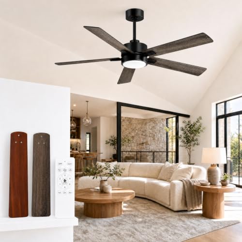 Breezary 52 Inch Ceiling Fans with Lights, Modern Ceiling Fan with Reversible DC Motor, 5 Blades Downrod Mount LED Ceiling Fans Light for Living Room Bedroom Kitchen Patio Covered (Black & Walnut)