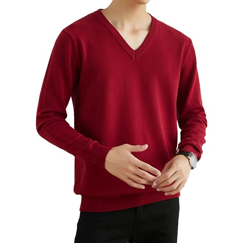 Men's Classic V-Neck Sweater Slim Fit Long Sleeve Knit Basic Pullover Casual Business Dress Sweater (XX-Large,Wine Red 1)