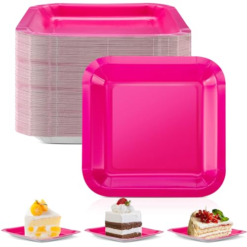 Dandat 50 Pack 7 Inch Small Dessert Plates Paper Square Plate, Hot Pink
