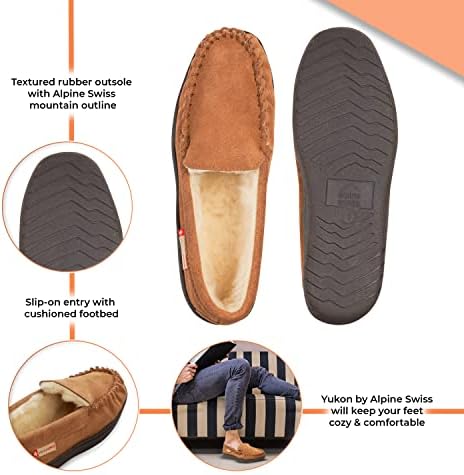 Alpine Swiss Yukon Mens Suede Shearling Slip On Moccasin Slippers Chestnut 7 M US | Image 2