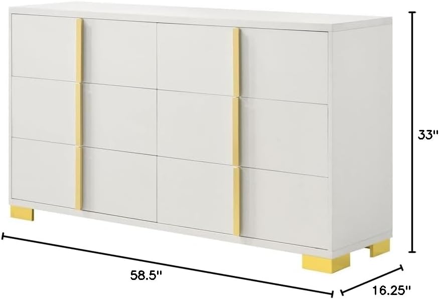 Pemberly Row 59" x 16" Contemporary Wood Double Dresser with 6 Drawers, Metal Legs, Pull Handle, Assembly Required, for Bedroom, White & Gold Finish