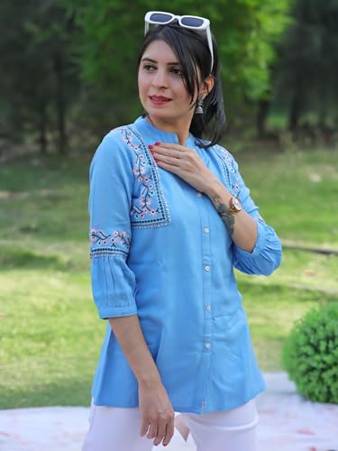 Image of Women's Viscose Rayon Embroidered A-Line Short Kurti Above Knee Regular Fit Tunic Top Office Wear Casual short kurti for women | office wear top | A-line kurti | raksha bandhan gift dress for women