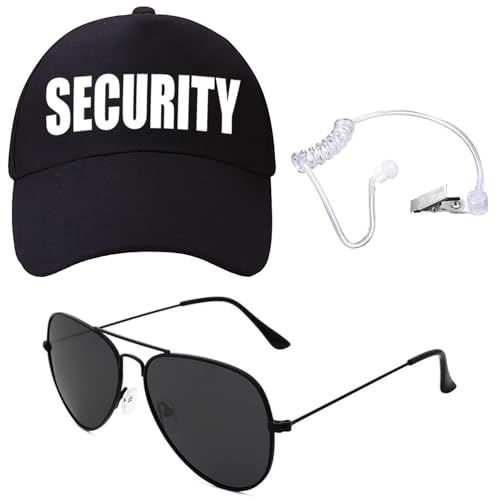 Security Guard Costume Include Security Hat Earpiece and Glasses Secret Service Agent Spy Accessories for Halloween Cosplay