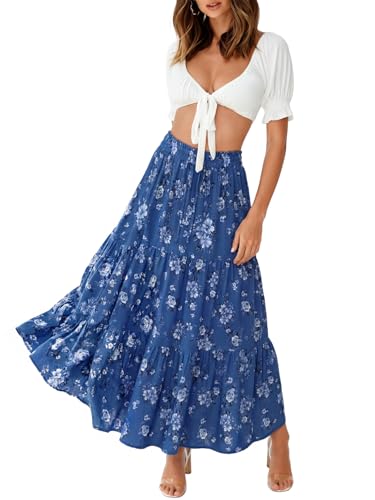 ZESICA Women's 2026 Summer Bohemian Floral Printed Elastic Waist A Line Maxi Skirt with Pockets DarkBlue Medium