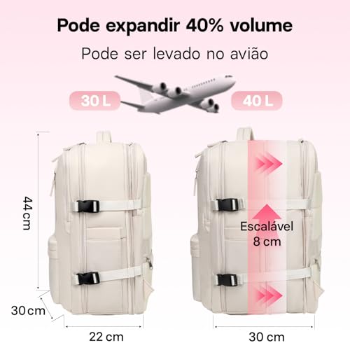 Mochila de Viagem Expansivel Avião Grande Feminina,Mochila Executiva Masculina Impermeável Reforçada para Notebook,Casual Esportes Hiking Escola Presente (Bege) - Imagem 2