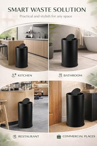 Image of mofna Stainless Steel Swing lid dustbin, Garbage Bin, Trash Can, with removable lid For Home, Kitchen, Bathroom, Office & Commercial Use - 12x28 In -60 Liter, Black, Pack of 1