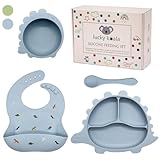 Lucky Koala® Dinosaurier Silikon Baby Geschirrset mit Saugnapf I Teller, Schüssel, Lätzchen, Löffel I Lebensmittelqualität Silikon I Baby Led Weaning zübehör I BPA-frei I Geschenkverpackung (Blau)
