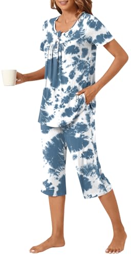 Image of Womens Summer Pajama Sets 2 Piece Short Sleeve Top and Capri Pants Plus Size Ladies Lounge Pjs Sets with Pockets